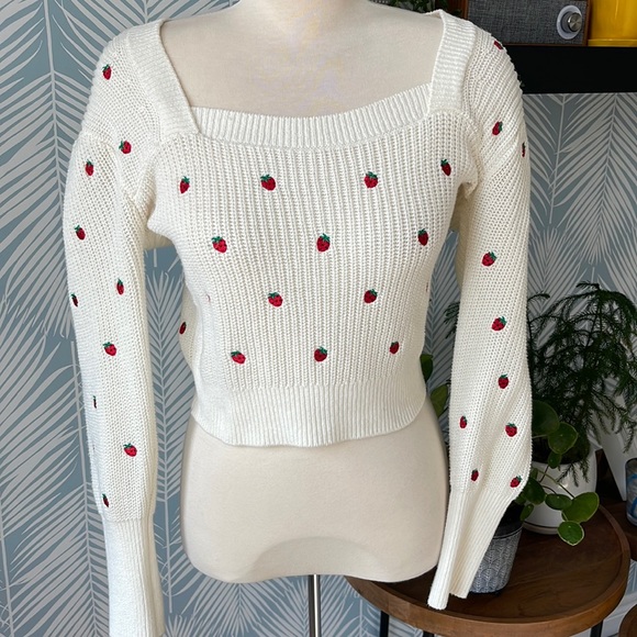 Anthropologie Sweaters - Maeve by Anthropology XS Embroidered Sweater Top, White with strawberries